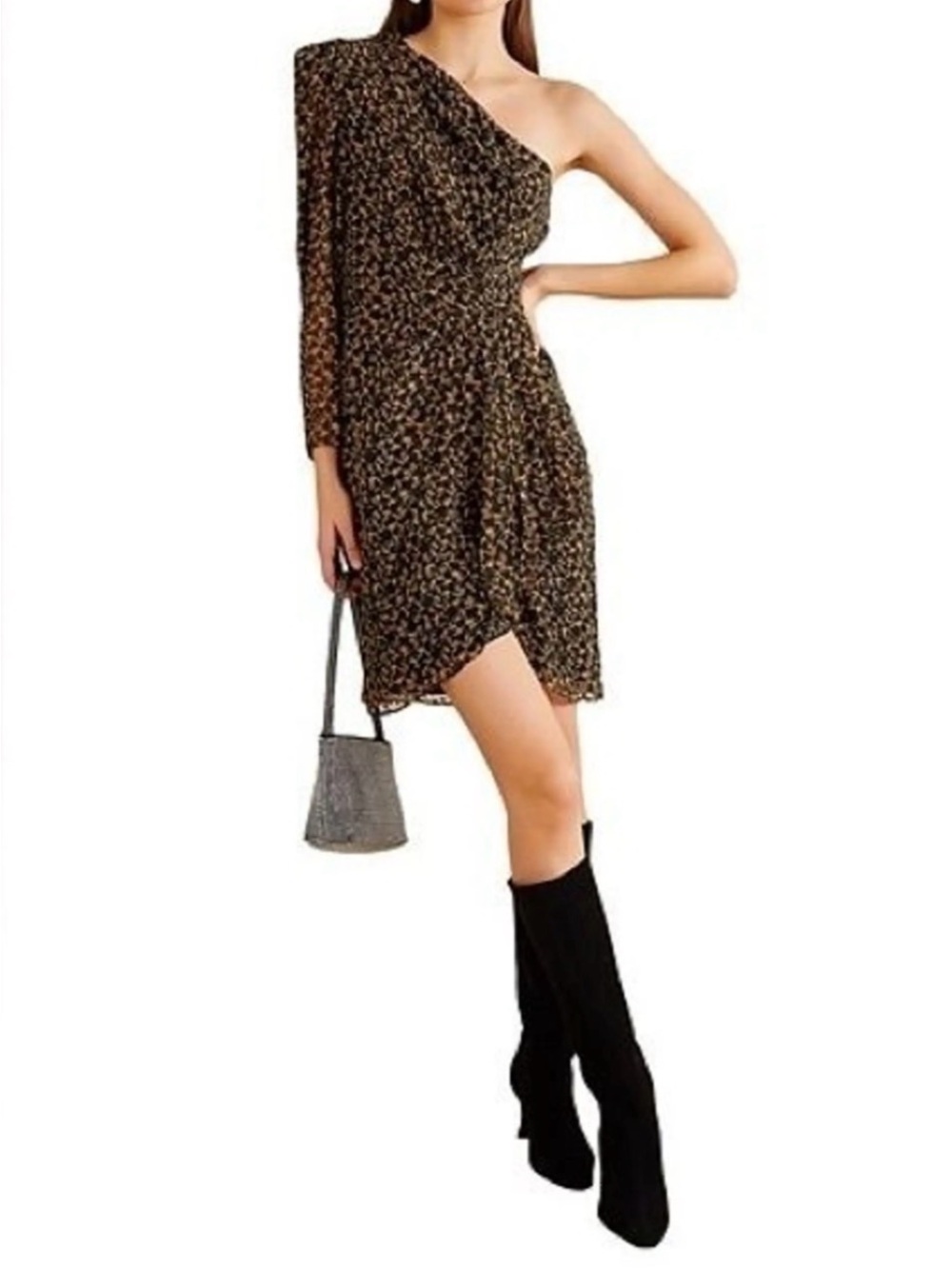 ♥️NWT Willa Story One-Shoulder Black and Gold embellished Printed Mini Dress